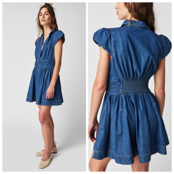Free People Chester Dress Womens Large Blue Stretch DenimFlutter Sleeve dress - Picture 1 of 15